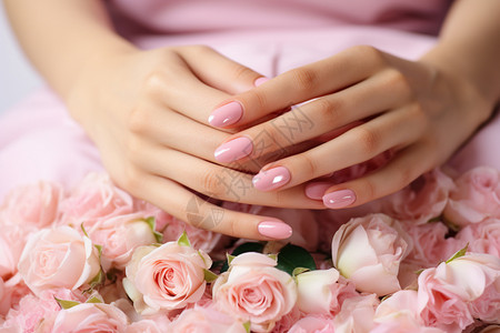 新娘的手放在粉色玫瑰上图片