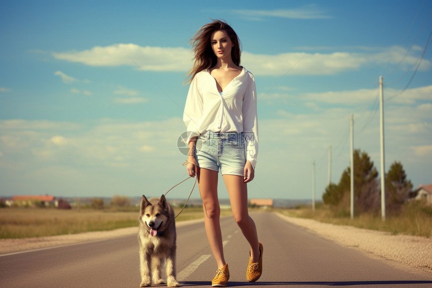 公路上牵着狗的女孩