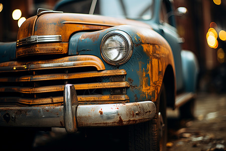 破旧复古汽车城市街道上废弃的老式汽车背景