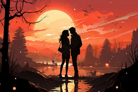 情侣互动浪漫优雅的情侣海报插画