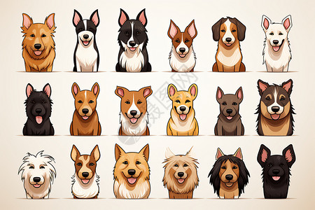 不同品种的宠物狗多类型品种狗头图标插画
