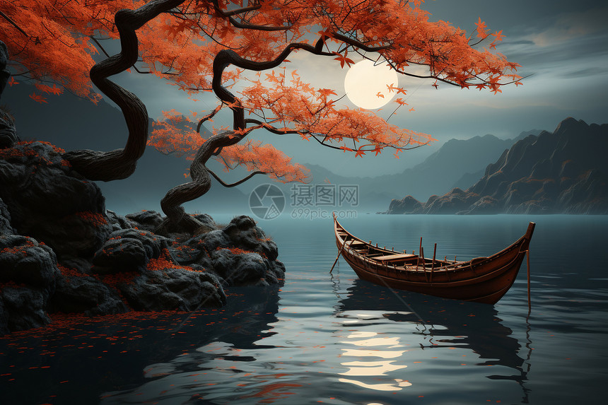 宁静湖面上孤独的船只图片