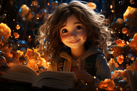 3D可爱的读书小女孩图片