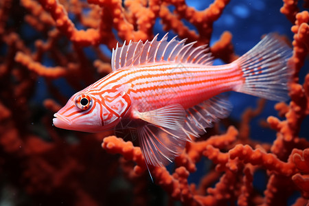 红色条纹鱼珊瑚群中的短嘴鹰鱼背景