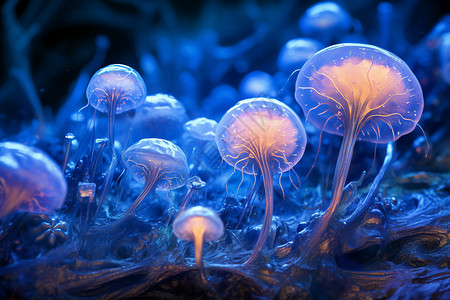 蓝色蘑菇蓝色系发光微观生物设计图片