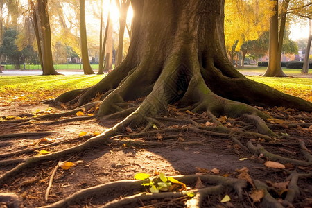 粗壮公园中错综复杂的树根背景