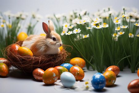 手绘复活节兔子花丛中的鸟巢彩蛋装饰背景