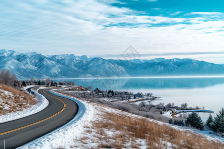 冬季湖畔公路的景观高清图片