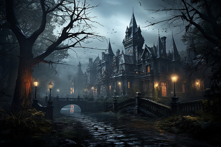 夜色中朦胧的欧式城堡图片