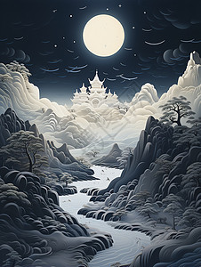 唯美夜色下的雪山图片