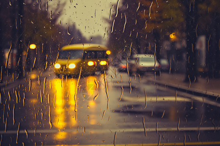 秋天的街道雨天中的城市风景背景