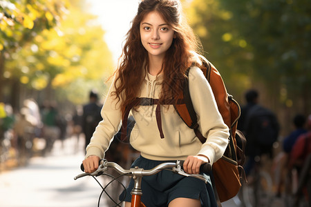 骑自行车的学生骑着自行车的女孩背景