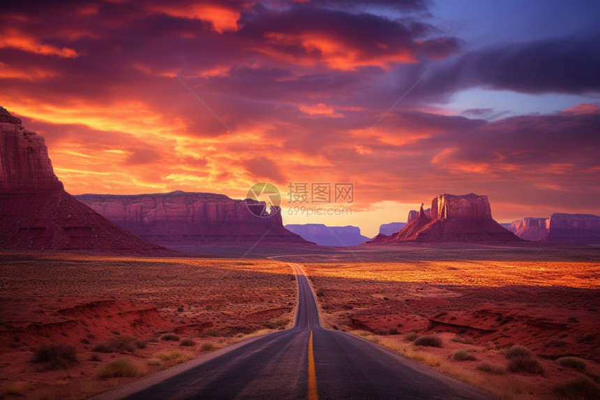 道路两旁无际的沙漠图片