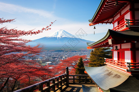 复古塔楼复古的建筑和火山背景