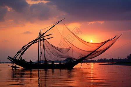 捕蝉网日落时海面上的渔船背景