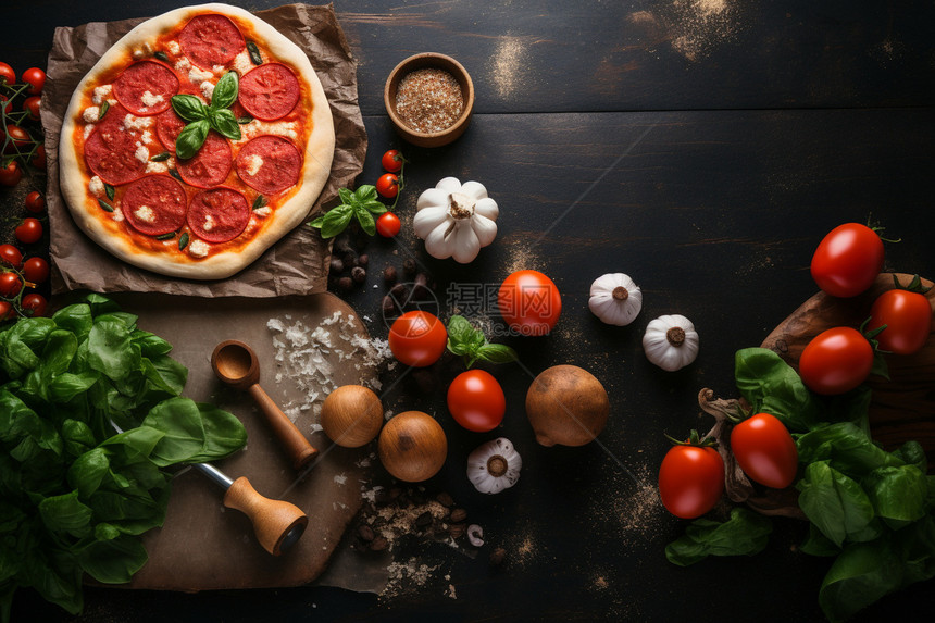 桌面上的披萨和蔬菜图片