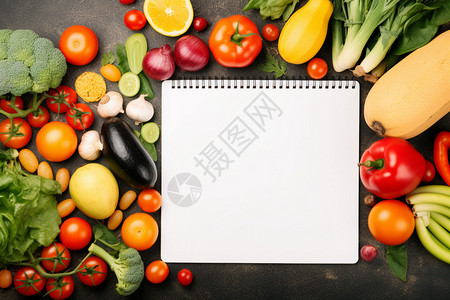 新鲜的蔬菜和空白的本子背景图片