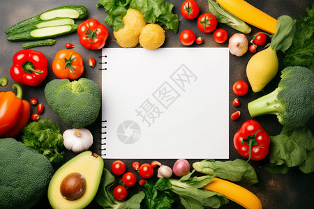 桌面上的蔬菜和笔记本高清图片