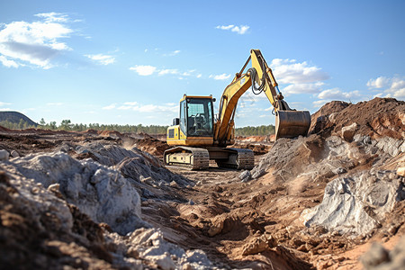 矿场上正在挖掘的挖掘机高清图片