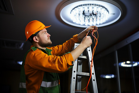 室内维修吊灯的男性高清图片