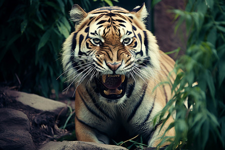 老虎张嘴森林中野生的猛虎背景