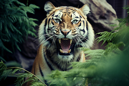 老虎张嘴森林中张着嘴巴的老虎背景