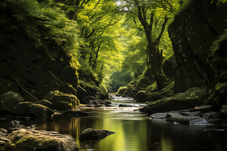 溪流穿过草木茂盛的森林图片