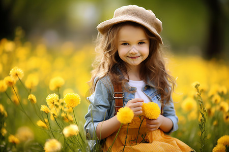 黄色花海中可爱的小女孩图片