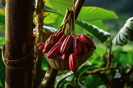 热带雨林中的成熟可可树图片