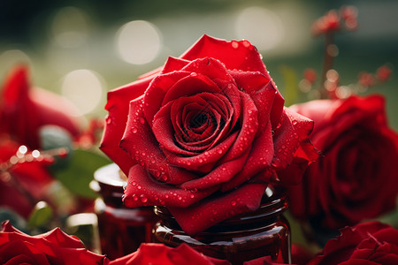 瓶中的玫瑰花园中绽放的爱情背景