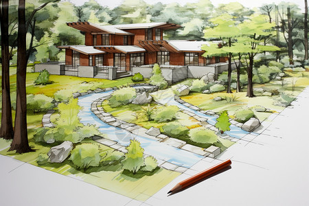 园林建筑的手绘草图背景图片