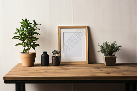 花瓶绿植桌面上的相框和植物背景