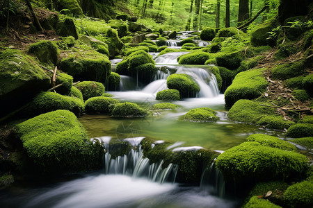 绿意盎然的森林溪流景观高清图片素材