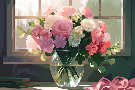 阳光下柔和的鲜花装饰瓶背景图片