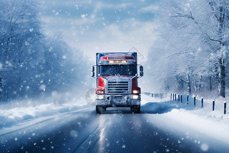 树挂雪中道路上行驶的卡车插画