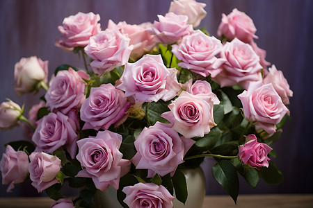 花瓶中美丽的粉色玫瑰花束图片