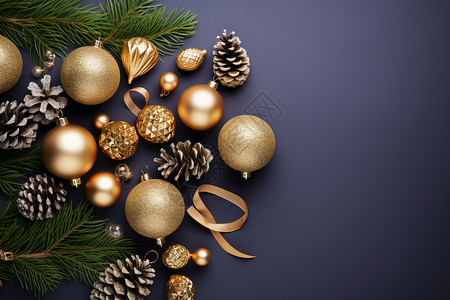 植物装饰丝带圣诞树上的金色装饰物背景