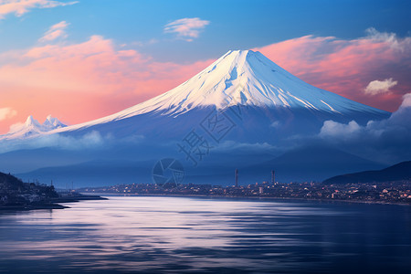 冬季湖边冬天的富士山景色背景