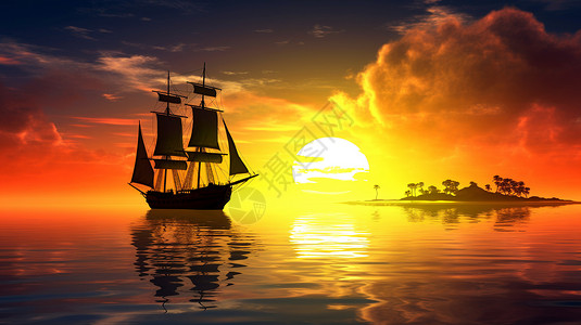 复古帆船夕阳下的帆船插画