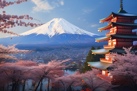 于越樱花绽放于富士山下背景