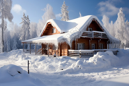 小木屋雪景雪村中的小木屋背景