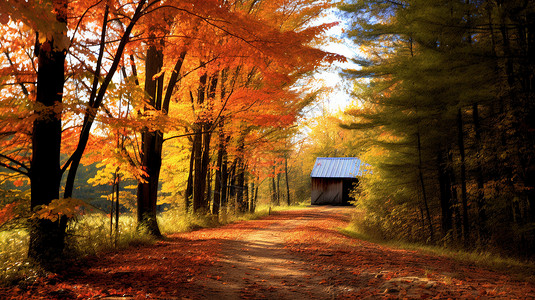 满地秋叶的乡村景观图片