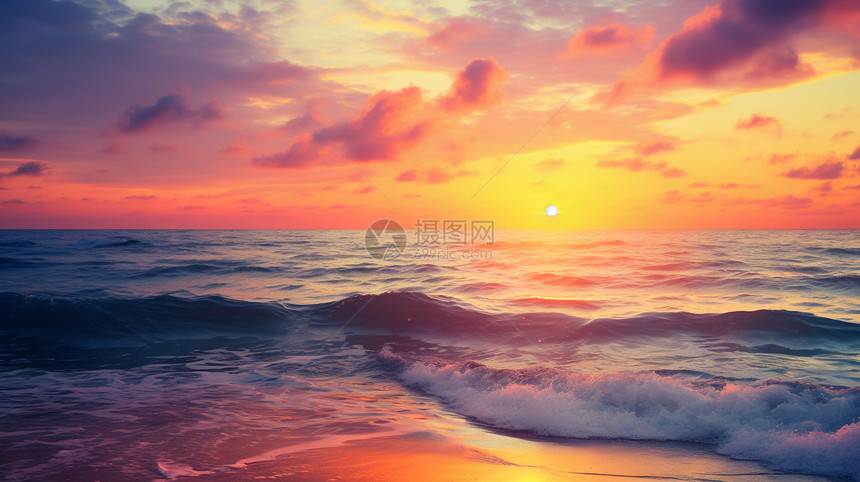夏日日落下的湛蓝海岸图片