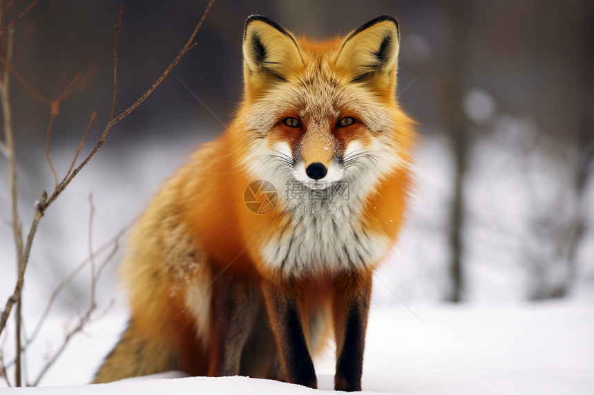 冬季树林中的红狐特写图片