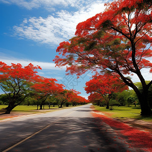红色道路秋季道路两旁的枫叶插画