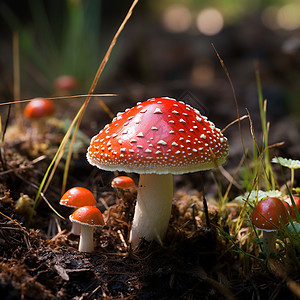 林中生长的红色蘑菇背景图片
