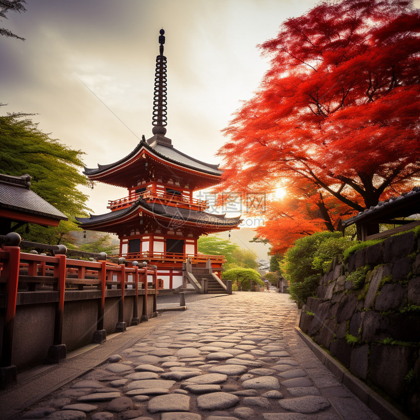 秋季的日式传统建筑图片