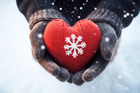 冬季手中的心形毛线礼物背景图片