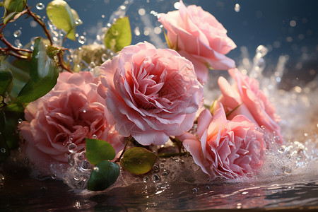 水中迸溅的粉色玫瑰花束图片