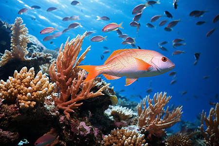 珊瑚礁岩珊瑚礁里游动的鱼背景